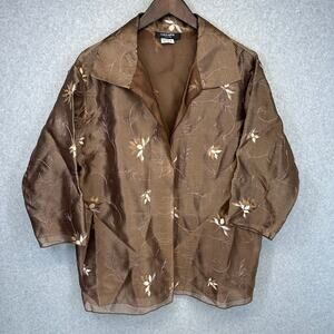 Nira Nira New York Blouse Womens Size Large Brown Floral Embroidered 100% Silk